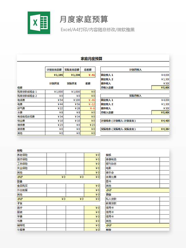 月度家庭预算Excel文档
