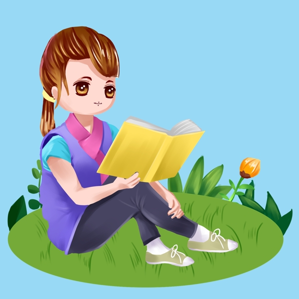 手绘坐在草地看书的女孩素材
