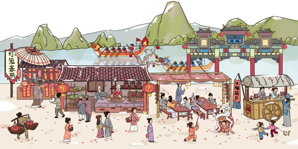 中国风传统插画新年集市插图