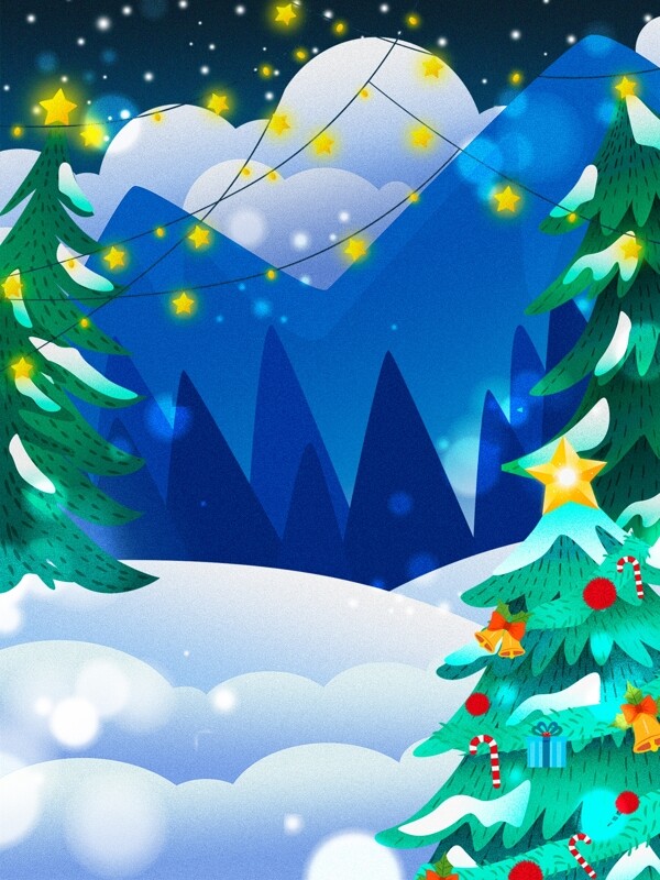 圣诞节手绘彩灯雪景背景素材