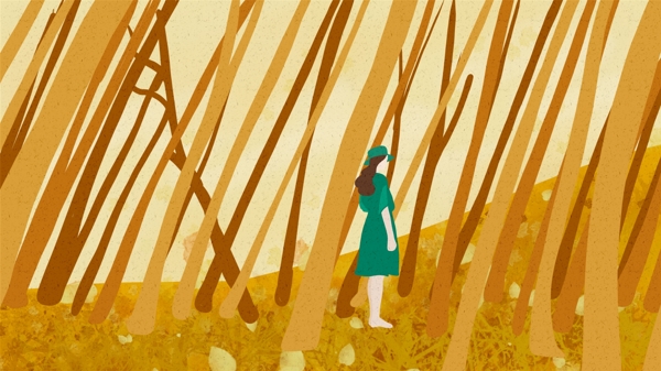 秋天你好秋季黄昏树林中看落叶的少女插画