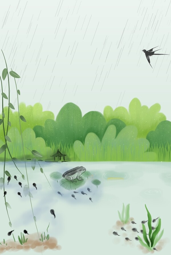 手绘水墨风24节气惊蛰春天雨水水彩海报