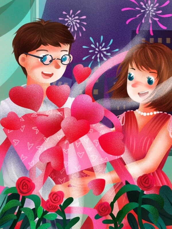 520情侣男孩向女孩深情表白粉色浪漫插画