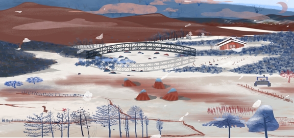 彩绘平原雪景插画背景设计