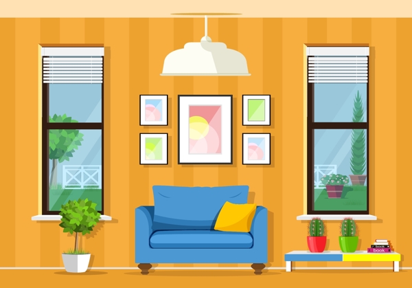 橙色家庭室内房间装饰设计卡通矢量模板