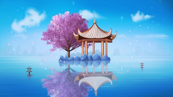 中国风古风建筑樱花树下兰亭湖心唯美壁纸