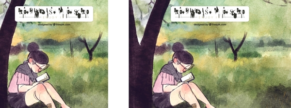 水彩背景女孩读书在树下