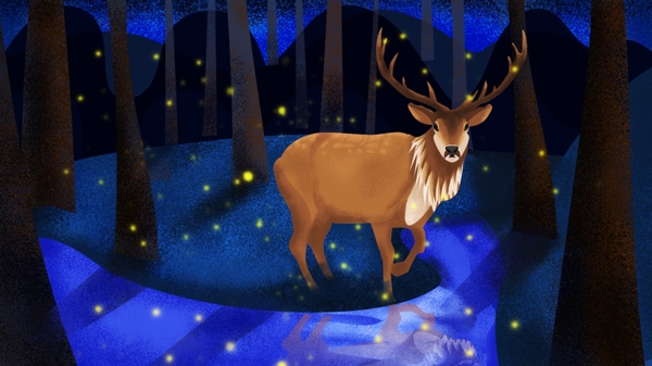 林深见鹿蓝色夜晚森林麋鹿治愈系