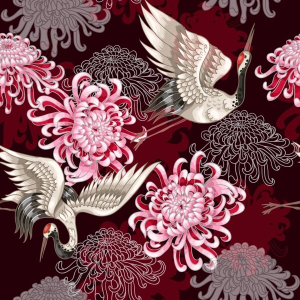 日本白鹤和菊花的无缝图案