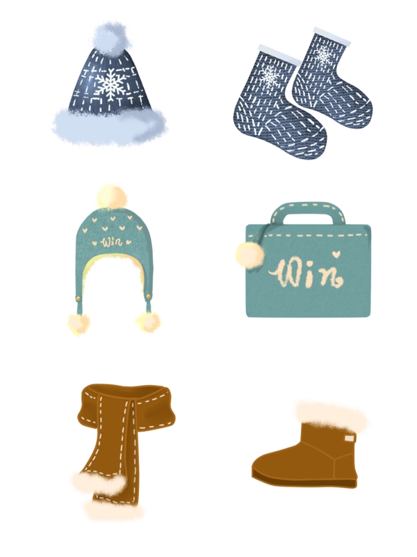 冬日元素手绘服饰元素帽子围巾雪地靴包包