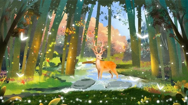 唯美创意手绘治愈系林深时见鹿插画