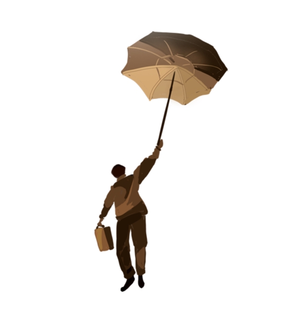 手绘卡通打着伞飞行的男人免扣元素