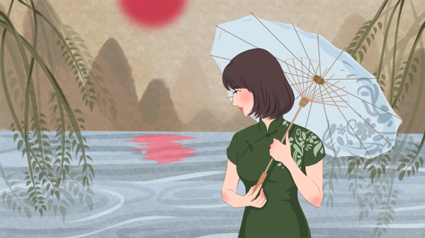 在湖边打伞的旗袍女子原创插画