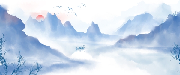 中国风手绘水墨风景山水画
