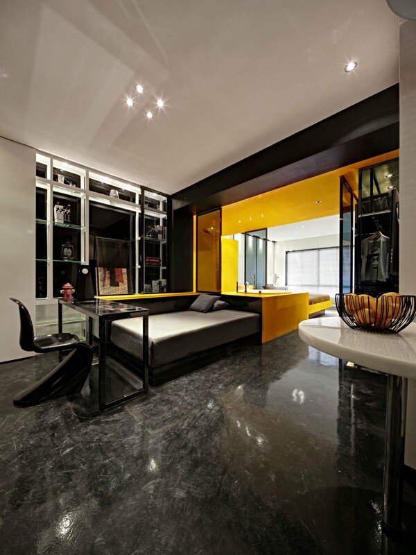 现代简约客厅黑色大理石地板室内装修效果图