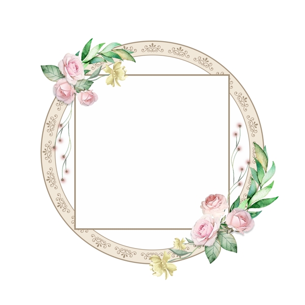 圆形手绘水彩花卉玫瑰植物复古边框