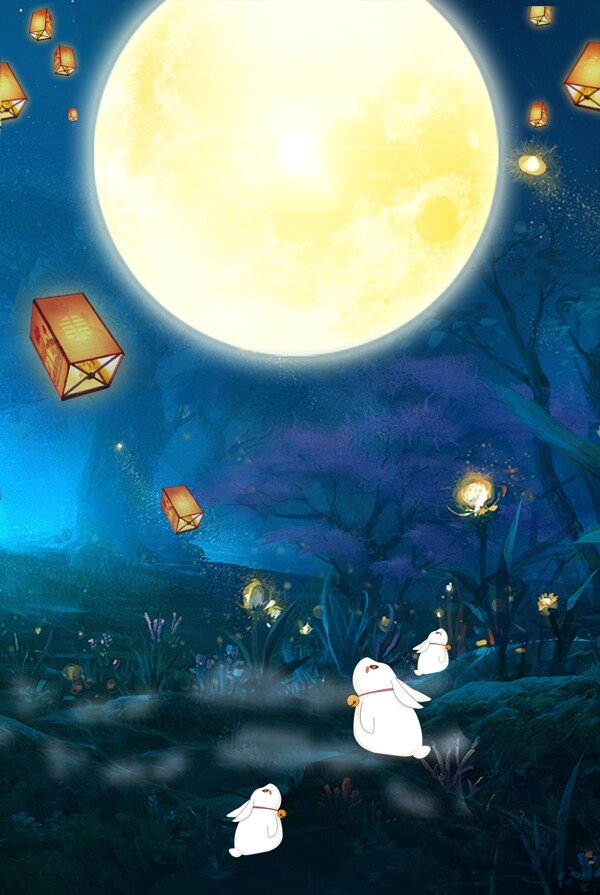兔子卡通神秘夜晚文艺创意背景