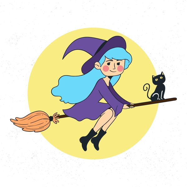 矢量卡通万圣节人物女巫扫帚猫