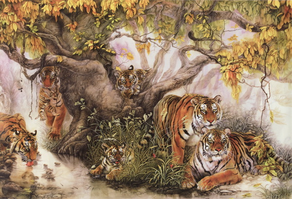 老虎与植物油画背景图片