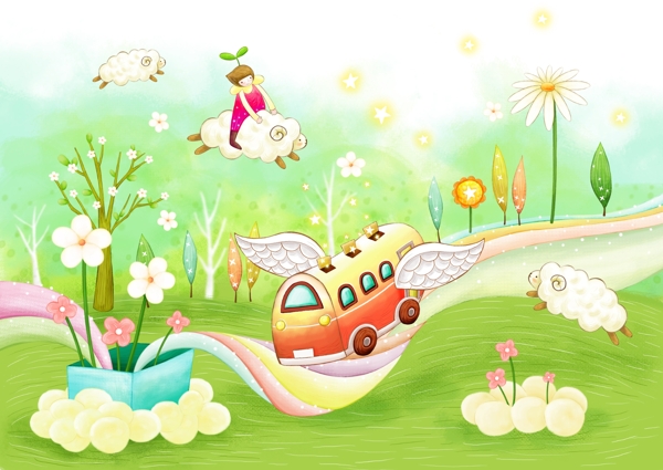 草地上的花朵绵羊和汽车