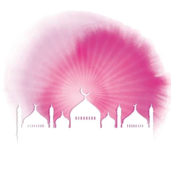 粉红色水彩清真寺剪影斋月背景