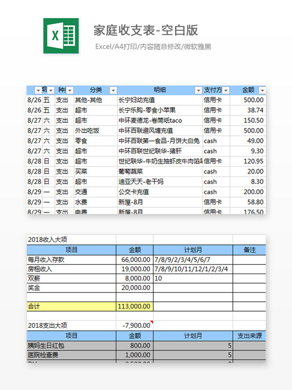 家庭收支表Excel文档