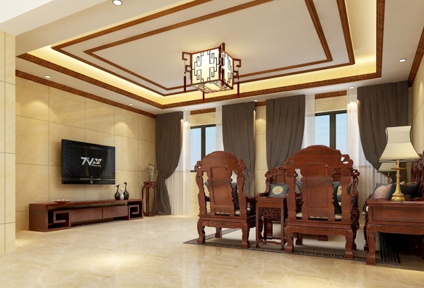现代中式客厅电视背景红木家具