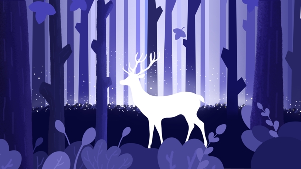 梦幻紫森林里的鹿插画