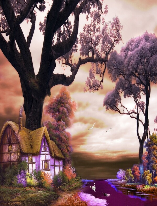 紫色手绘童话乡村美景风景装饰画