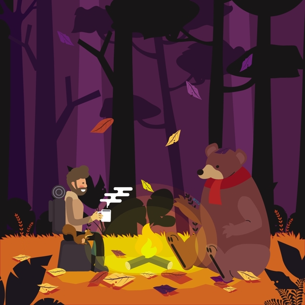 森林与熊烤火ai矢量素材下载