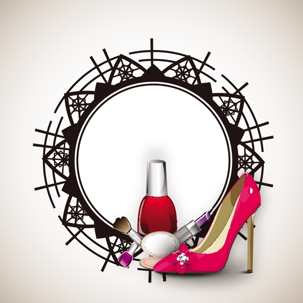 三八妇女节贺卡或海报化妆品和女士们的鞋子上花的装饰圈的设计