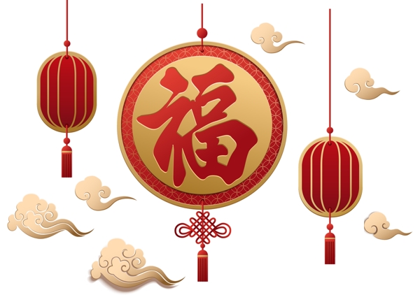 中国风新年红色福字灯笼祥云装饰图案