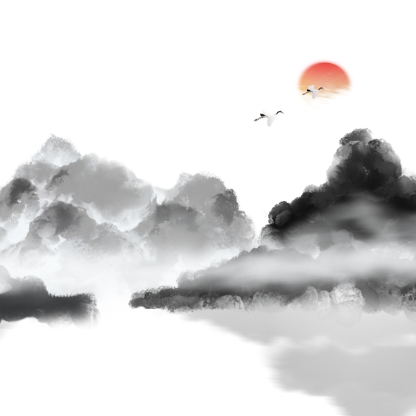 中国风水墨山水意境白鹭向夕阳元素