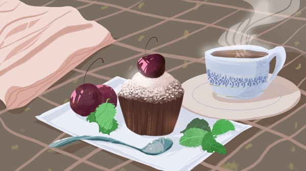 原创插画下午茶甜品小蛋糕