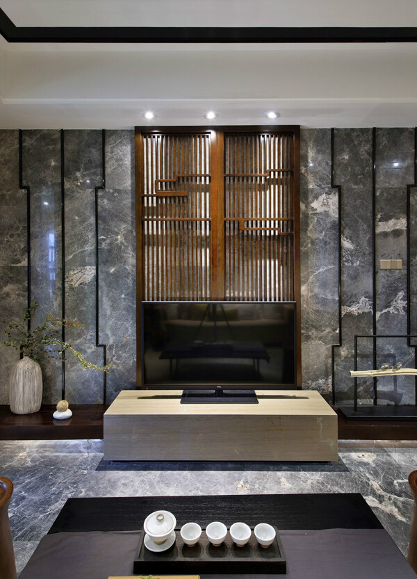 现代时尚奢华客厅木制镂空电视柜室内装修图