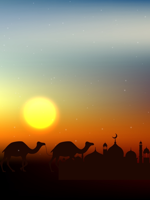 热带沙漠黄昏阳光骆驼城堡背景