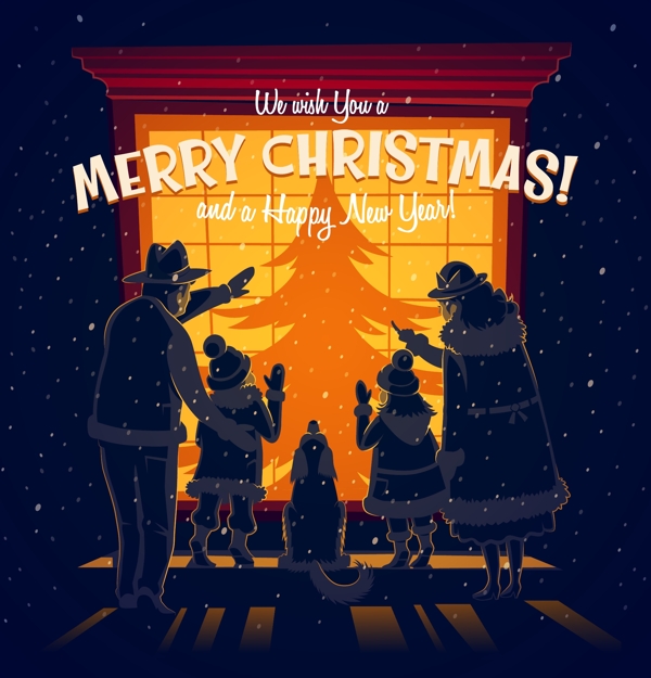 一家人围着圣诞树过节插画