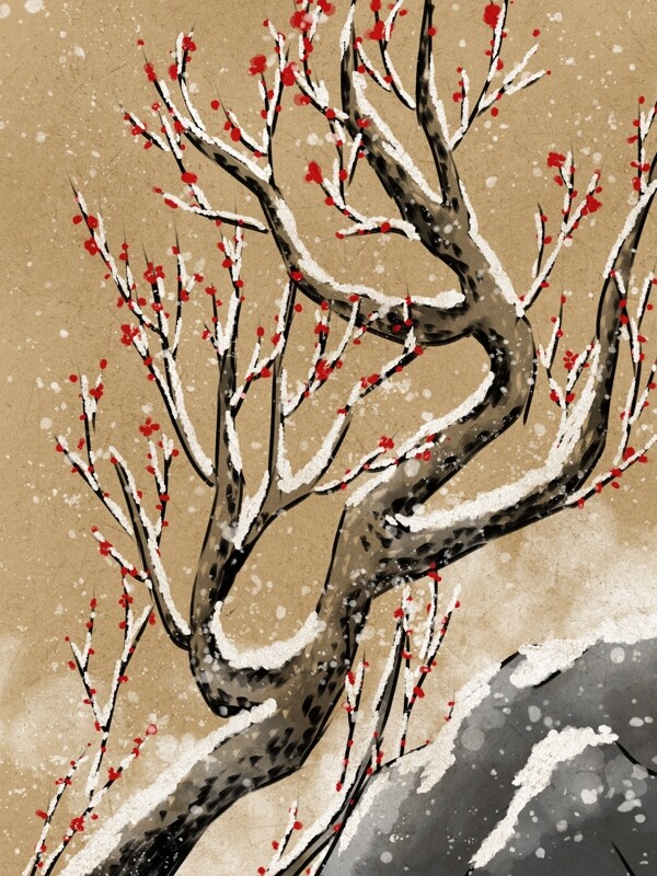 冬季梅花复古水墨插画雪中的梅花