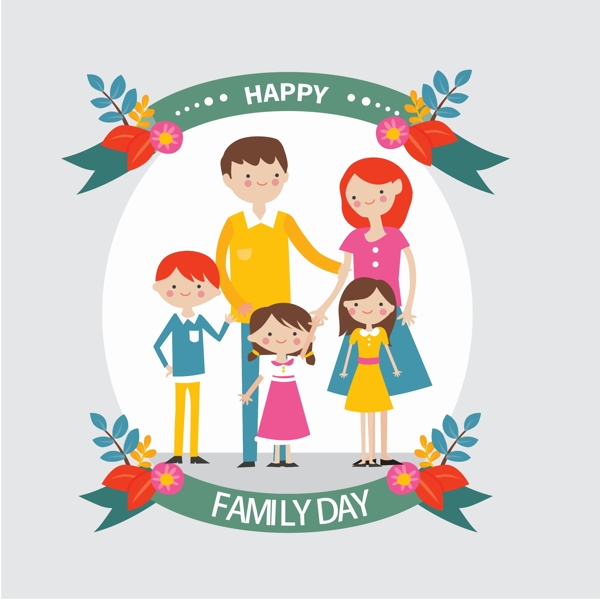 卡通花卉彩带幸福家庭插图