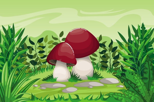 卡通郊外草地里的蘑菇