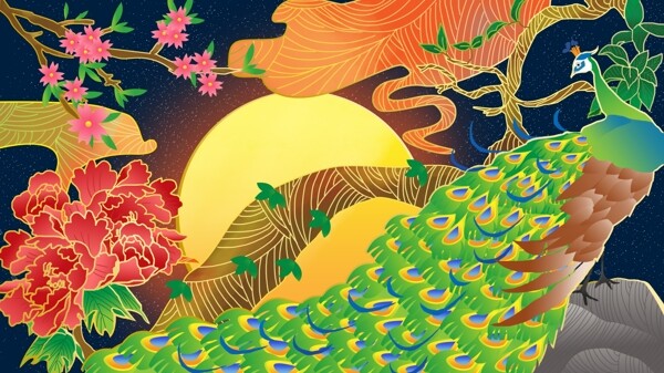 流光溢彩孔雀与月亮中国风手绘插画