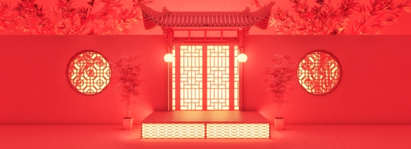 全原创新年喜庆中式院墙回家春节舞台背景