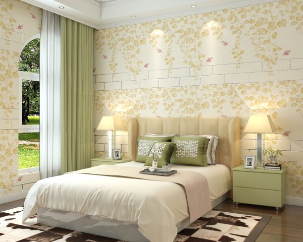 枫叶墙纸床头卧室背景效果图图片