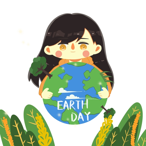 世界地球日暖色系插画风小女孩抱着地球免抠PNG