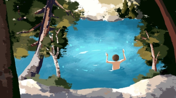 夏季河水中洗澡的小男孩树木卡通背景