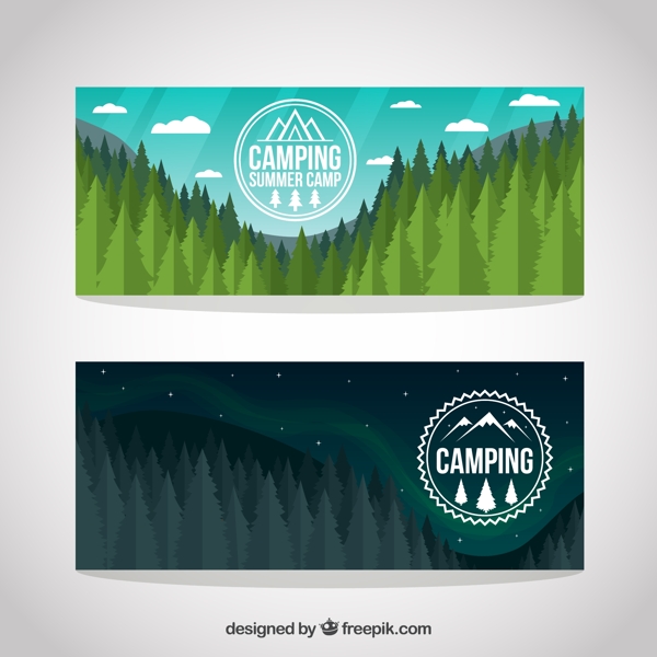 野营森林白天和晚上风景banner矢量素材