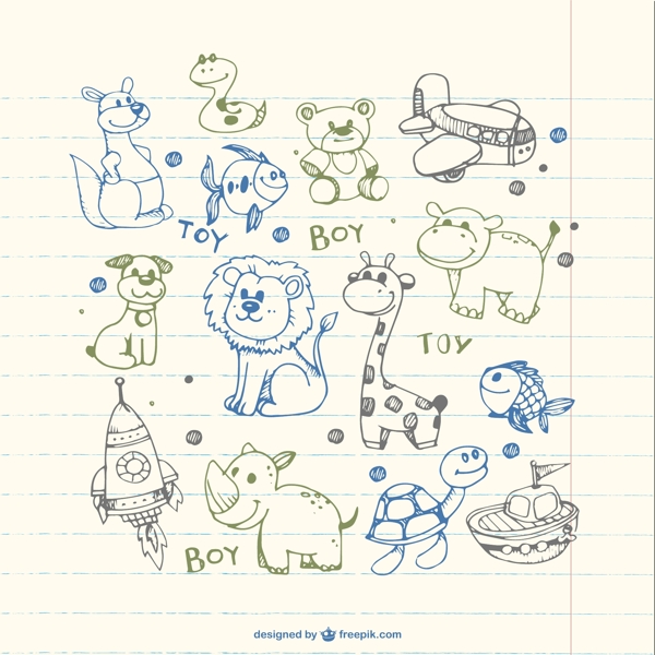 14款彩绘男孩动物玩具矢量素材