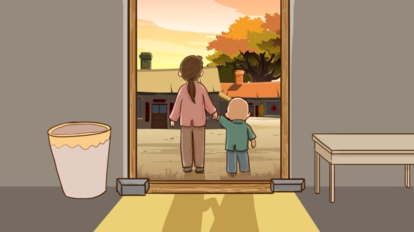 站在门口等人的母子卡通背景