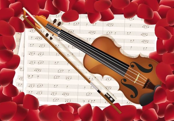 带有音符键和红色花瓣背景的小提琴