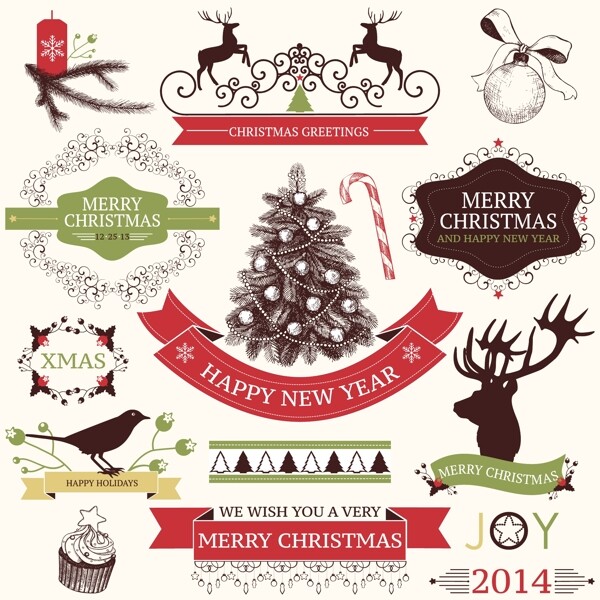 2014的圣诞节标签色带和挂件饰品矢量03
